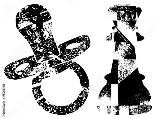 Stylized pacifier and chess pawn with gritty texture, vector graphic, design, baby item and game piece, isolated symbols.