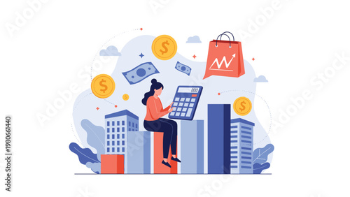 Professional woman sitting on business growth charts and using a calculator to manage financial budgets and urban development projects.