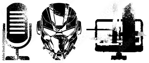 Distressed vector classic mic, sci fi helmet, old school computer,, gritty texture, digital art, retro tech symbols.