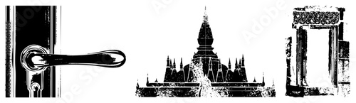 Antique door knob, temple stupa silhouette, carved archway frame, distressed vector set, architectural motifs, grunge texture style.