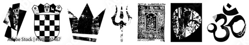 Black and white graphic symbols including crown, shield, trident, rug, mandala, Om each with distinct cultural or significance, isolated vector design.