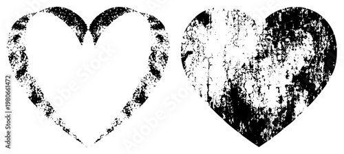 Two heart with gritty, weathered textures, ink stain aesthetic, vintage graphic design, vector silhouette, illustration.