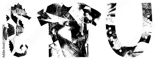 Stylized animal and letter forms rendered in fragmented halftone, vector art, graphic design elements, isolated symbols, bold geometric shapes, retro stencil aesthetic.