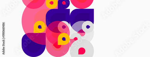 Abstract composition featuring overlapping circles, squares. Pink, purple hues dominate white background. Modern, playful design.