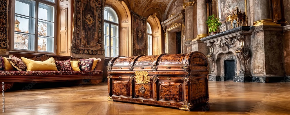 Obraz premium Polished Wooden Travel Chest Positioned Near Marble Fireplace in Elegance