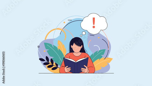 Young woman focused on reading a book while experiencing a sudden moment of inspiration or realization depicted by an exclamation mark.