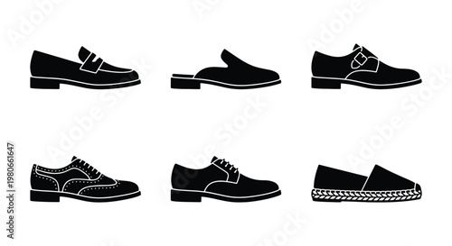 Classic men's footwear icons set, 6 black silhouette shoes vector elements, formal dress shoes and casual loafers collection for fashion retail