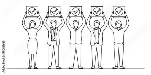 A group of five diverse business professionals holding up signs with a check mark symbol above head Vector, illustration