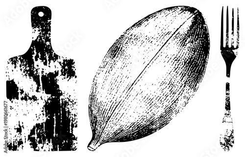 Classic kitchen tools rendered in textured halftone, rustic cutting board, ripe banana, vintage fork, vector illustration, food prep.