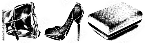 Classic leather satchel, stiletto high heel, rectangular briefcase, black and white halftone, fashion accessories, business and style.