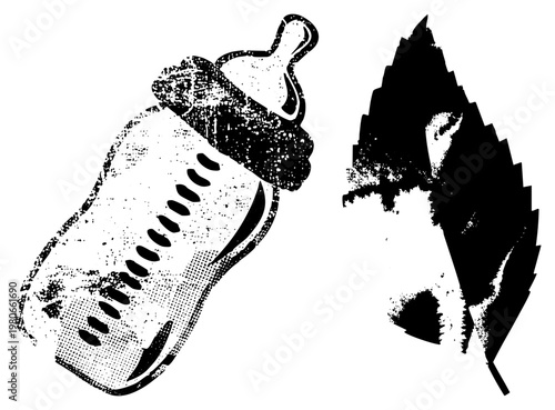 Black and white halftone baby bottle with nipple and leaf silhouette, vector graphic, stylized print, isolated elements, infant feeding, nature motif.