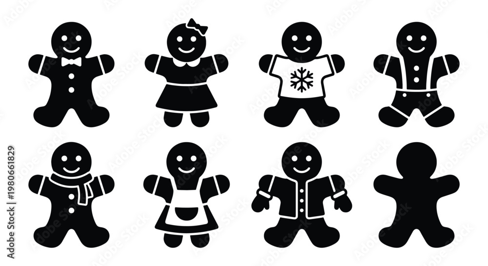 Obraz premium Gingerbread man icon set with 8 black silhouettes, Christmas cookie character collection, festive holiday biscuit vector elements for winter design