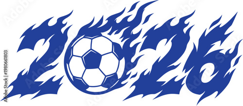 A soccer ball surrounded by blue flames on a white background