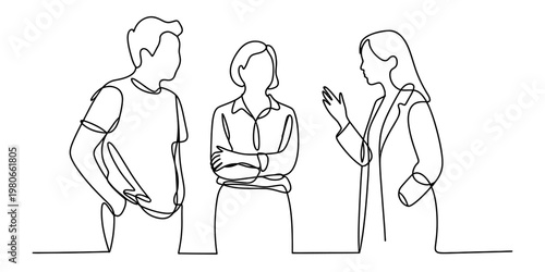 A minimalist single line drawing of three diverse people engaged in a professional conversation. Vector, illustration