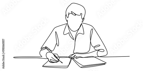 A continuous line drawing of a young person sitting at a desk and writing in a notebook carefully. Vector, illustration