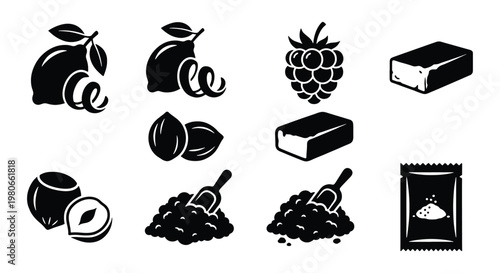 Black and white food ingredients icon set, minimalist baking and cooking vector elements, 11 organic fruit and nut silhouettes for packaging design