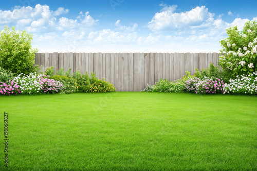 Backyard lawn with wooden fence