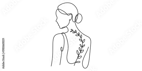 Minimalist continuous line art illustration of a woman back profile adorned with a floral vine Vector, illustration