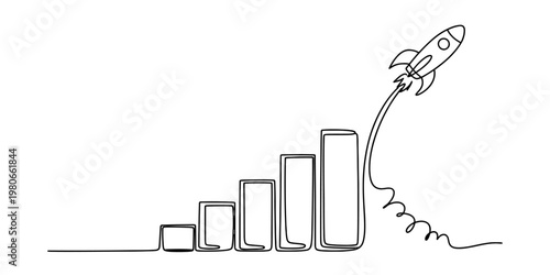 Fotografi A single continuous line drawing of a rocket launching from a growing bar chart