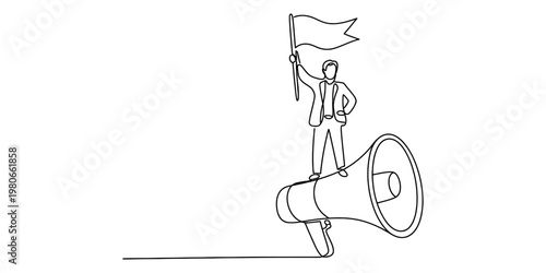 A single continuous line drawing of a business leader standing atop a large megaphone with flag. Vector, illustration