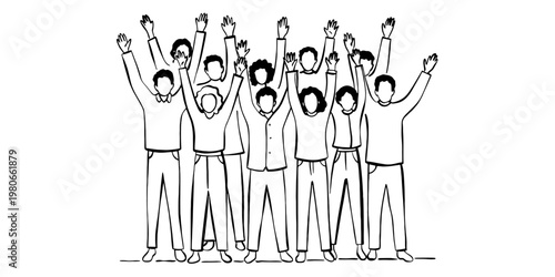 A black and white line drawing of a diverse group of people standing together with raised hands. Vector, illustration