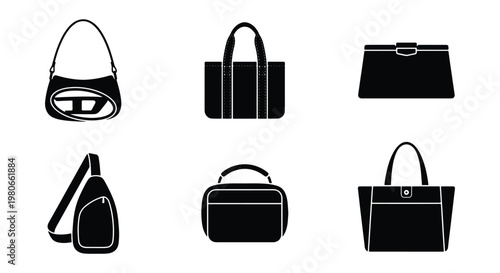 Black handbag icons set, collection of 6 fashion bag silhouettes, minimalist purse and tote vector illustrations, stylish female accessory symbols
