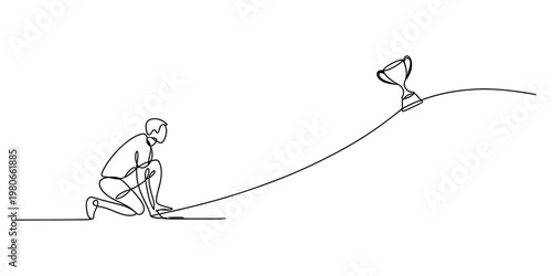 A continuous line drawing of a person crouching at a starting line ready to reach a gold trophy Vector, illustration