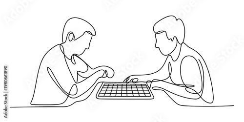 Continuous single line drawing of two people sitting together and playing a board game match Vector, illustration