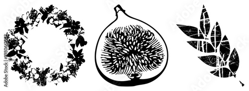 wreath silhouette, halftone fig cutout, textured laurel leaf, botanical, vector graphic set, nature themed symbols, isolated elements.