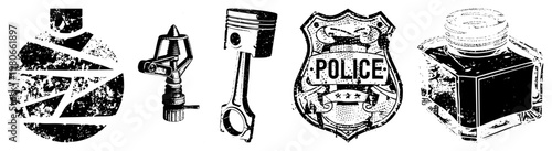 Stylized vector illustrations of piston, inkwell, nozzle, and police badge, halftone texture, industrial and law enforcement.