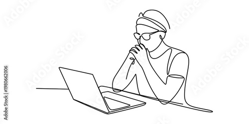 A single continuous line drawing of a person wearing glasses while looking at their laptop screen Vector, illustration