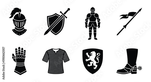 Medieval knight armor icons, black silhouette warrior equipment set, 8 vector elements including sword, shield, helmet and gauntlet for gaming