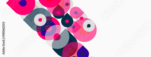 Abstract composition featuring overlapping circles. Pink, purple, teal hues dominate white background. Modern, dynamic visual design.