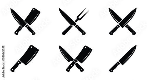 Professional butcher knife set, crossed kitchen cleaver and chef blade icons, black silhouette culinary tools for restaurant branding and steakhouse logos