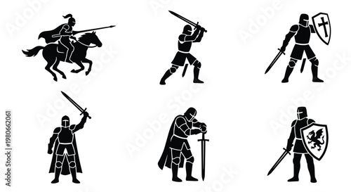 Medieval knight silhouettes set, 6 warrior icons in black armor, armored crusader with sword and shield, cavalry soldier on horse vector