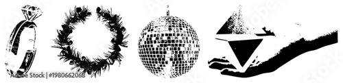 Stylized vector engagement ring, festive wreath, disco ball, and crypto hand symbol, rendered in bold black and white with halftone texture, isolated for design use.