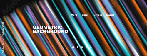 Abstract geometric lines create vibrant background. Text includes work, about, portfolio, contact. Modern design elements present sleek visual appeal.