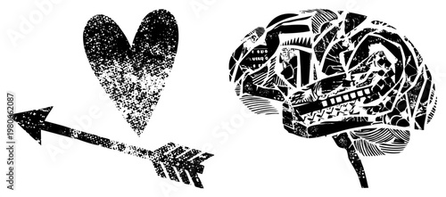 Romantic heart pierced by arrow, emotional symbolism detailed brain collage with geometric, neural representation, artistic anatomy.