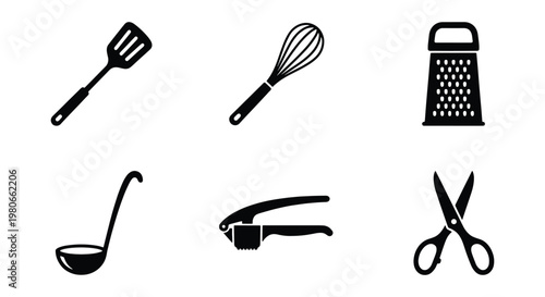 Minimalist kitchen utensil icon set, black silhouette cooking tools collection, 6 professional culinary equipment vector symbols for restaurant menu design