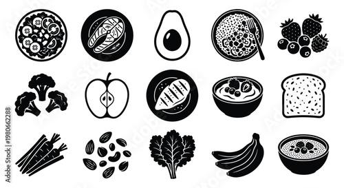 Healthy food icons set, 15 black and white vector elements for nutrition and diet tracking, organic grocery and meal planning graphics