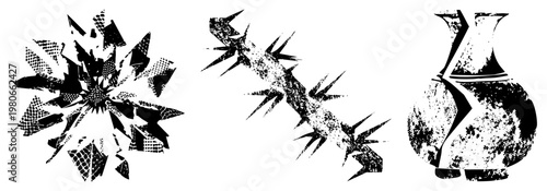 Vector graphic featuring stylized shattered forms, jagged branches, and ceramic vase with distressed texture, rendered in high contrast black and white, isolated design elements.