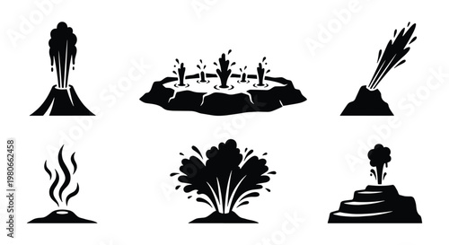 Geyser and volcano eruption icons set, black silhouette hot spring and thermal vent symbols, 6 vector elements of geothermal activity
