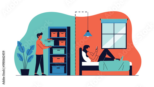 Man organizing storage boxes in one room while a woman relaxes on a bed using her smartphone in the adjacent modern living space.