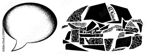 Halftone speech bubble, fragmented globe with cracked texture, vector graphic, communication symbol, world map abstract, isolated design elements.