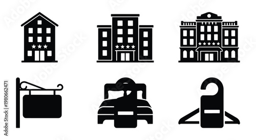 Minimalist hotel icon set, black silhouette building and hospitality symbols, 6 vector elements for travel and accommodation services