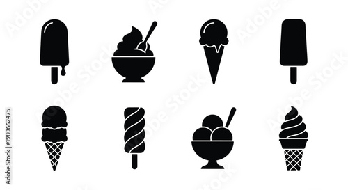 Minimalist ice cream icon set, black silhouette frozen dessert symbols, collection of 8 summer treat vector illustrations for menu design