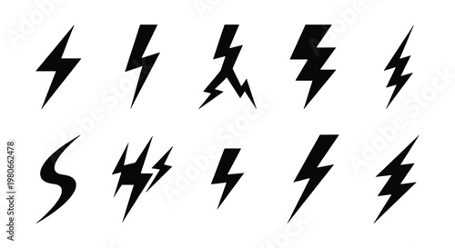 Lightning bolt icon set, black thunderbolt silhouettes, collection of 10 electric spark symbols, power and energy vector elements for logo design
