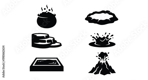 Natural disaster and geological phenomena icons, black silhouette volcano and water splash set, 6 environmental vector elements for map design
