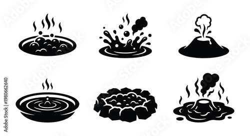 Geothermal hot spring icons set, volcanic geyser and boiling mud pool silhouettes, 6 thermal energy vector elements for geology maps