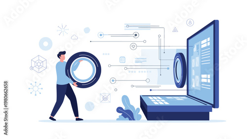 Tech professional carrying a large mechanical gear toward a laptop to symbolize the integration and maintenance of digital systems.